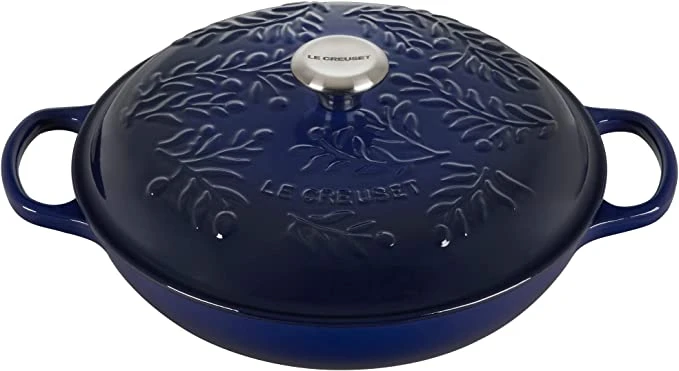 Le Creuset 3 1/2 Qt. Signature Enameled Cast Iron Braiser W/Olive Branch Embossed Lid - Indigo- Personalized Engraving Available