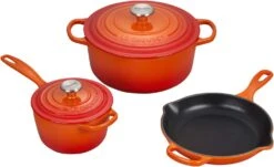 Le Creuset 5-Piece Signature Set W/Stainless Steel Knob - Flame (5.5 Qt. RDO, 1.75 Qt. Saucepan, 9" Skillet)