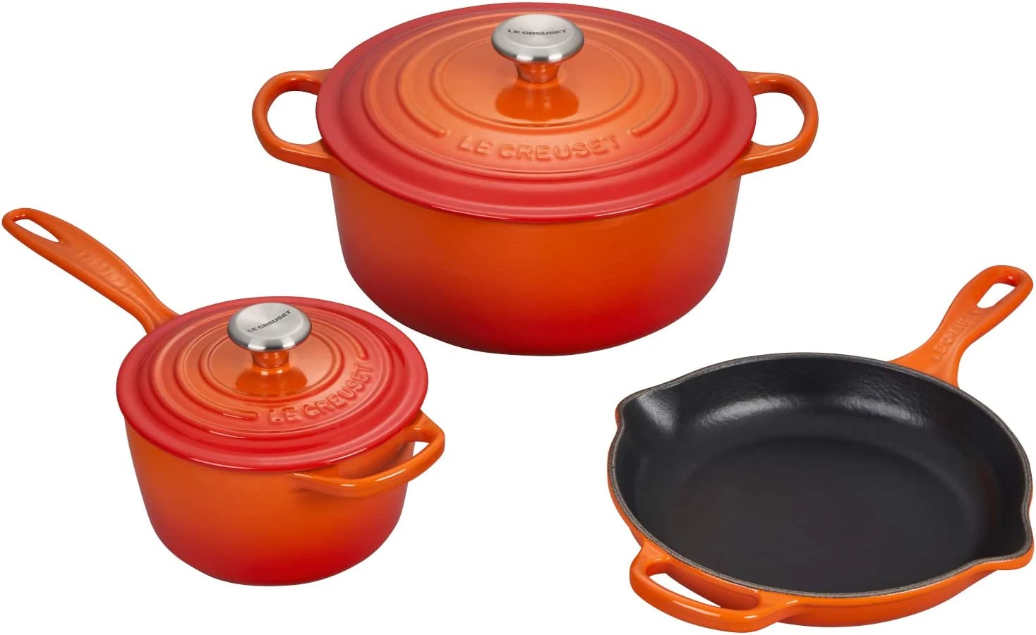 Le Creuset 5-Piece Signature Set W/Stainless Steel Knob - Flame (5.5 Qt. RDO, 1.75 Qt. Saucepan, 9" Skillet)
