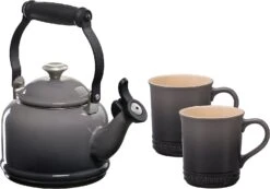 Le Creuset 1 1/4 Qt. Demi Kettle W/Stainless Steel Knob & (2) 14 Oz. Mug Set - Oyster